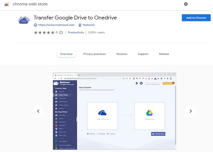 MultCloud app in the Chrome web store