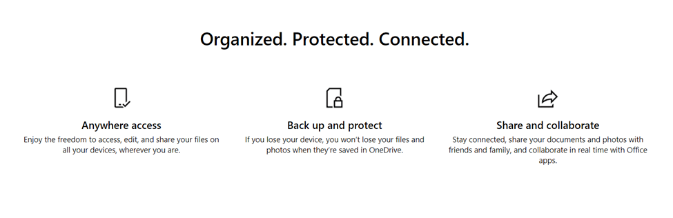 OneDrive page titled "Organized. Protected. Connected." with icons showing OneDrive features that include anywhere access, back up and protect, and share and collaborate