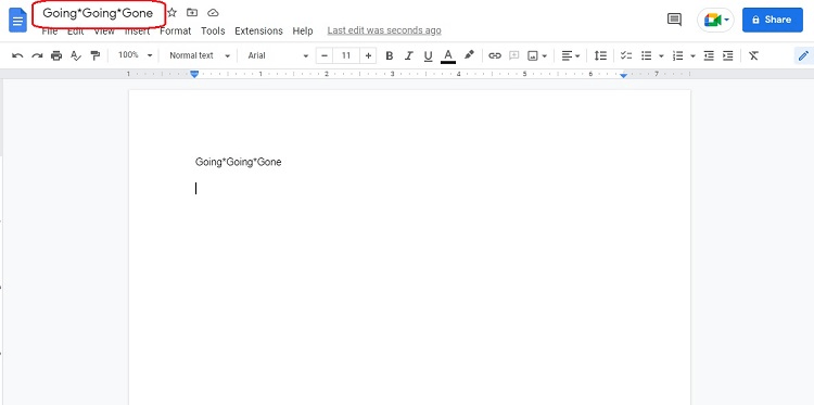 Screenshot of a Google Doc with red box around the document title which has asterisks in the name