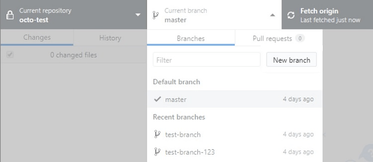 GitHub interface with Current Branch dropdown selected and a list of branches you can choose from