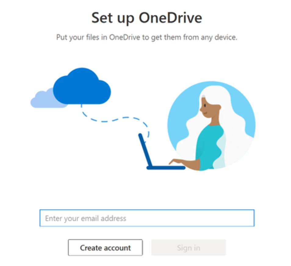 Set up OneDrive page with box to enter email address
