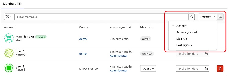 Gitlab members screen with red box around account dropdown
