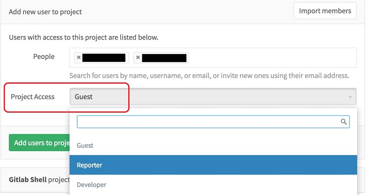 Gitlab screen to add new user to project with red box around Project Access dropdown