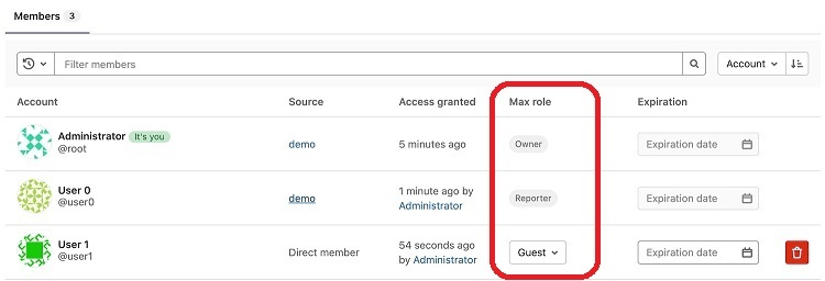 Gitlab members screen with red box around Max role column
