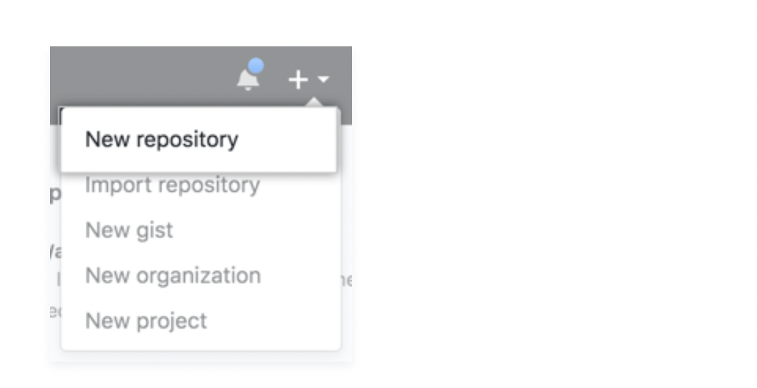 GitHub dashboard dropdown menu with "New repository" option selected