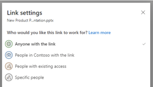Microsoft OneDrive link settings with options for who you would like the link to work for