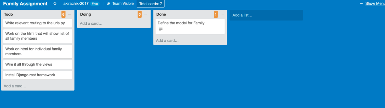 Trello Todo, Doing, and Done columns with task items under each column