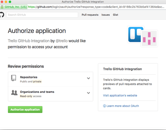 Screen to authorize application for Trello-GitHub Integration 