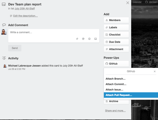 Trello card with GitHub Power-Up button and "Attach Pull Request" selected
