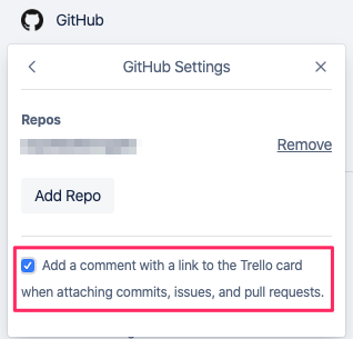 GitHub Settings with checkmark next to option to add a comment with a link to the Trello card when attaching commits, issues, and pull requests