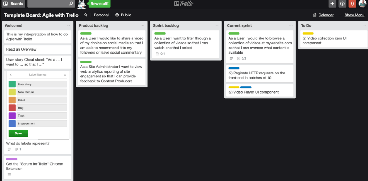 Trello template board titled "Agile with Trello"