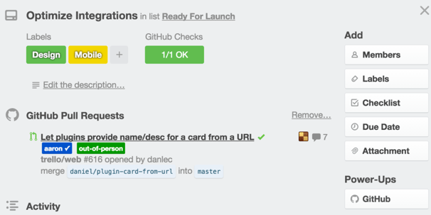 Trello card showing GitHub pull requests
