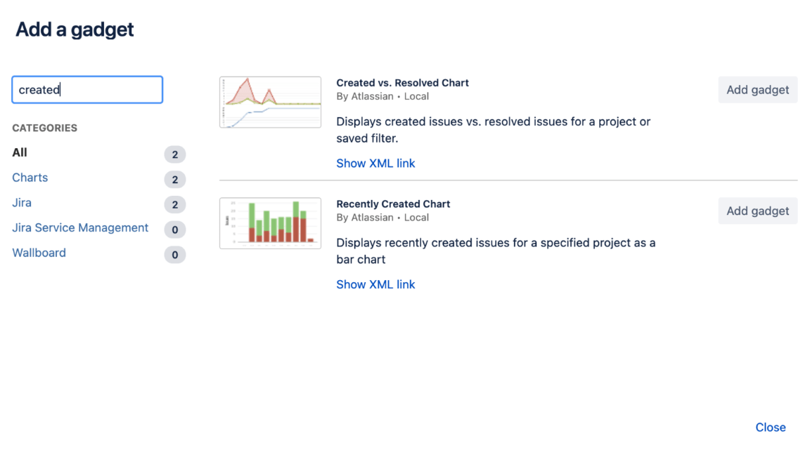 Jira dashboard with option to add a gadget