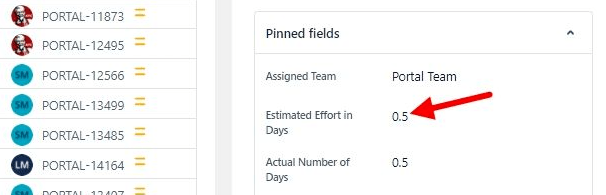 Jira built-in story points with red arrow pointing to estimated effort in days needed to complete the work