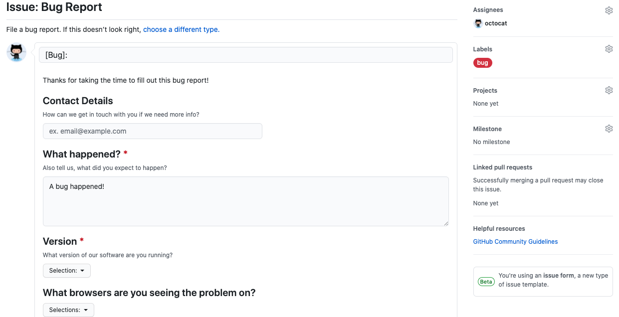 GitHub Issue: Bug Report page