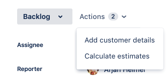 Jira backlog menu with dropdown to add customer details or calculate estimates