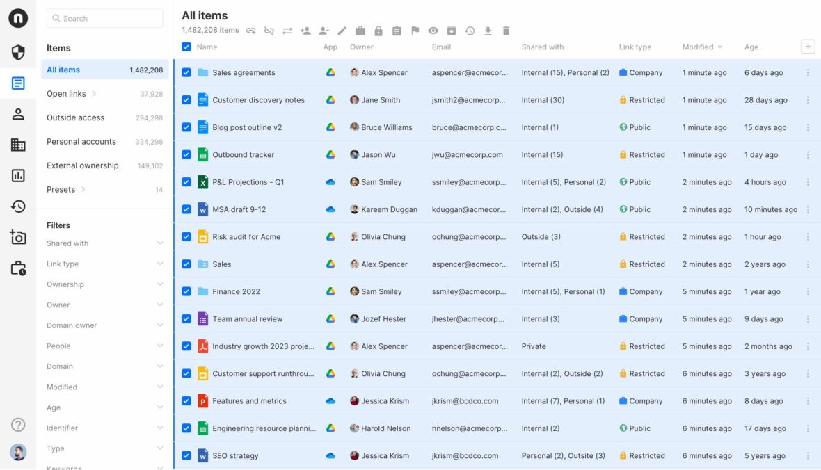 A view of the Nira dashboard showing how to easily make bulk changes to all of your company's items.