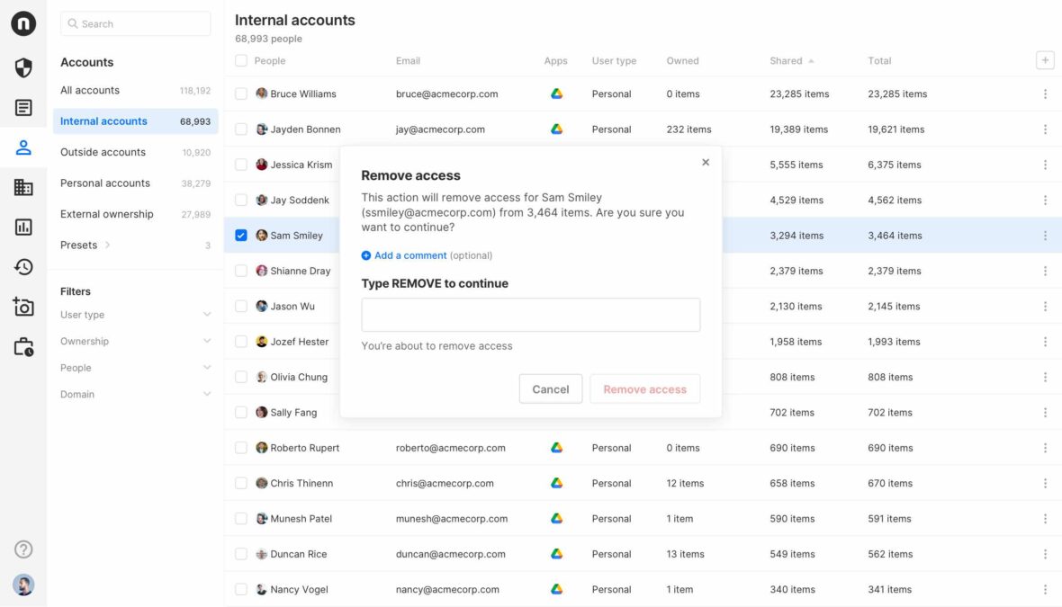 A view of the Internal accounts section of Nira. Here we are showing how to remove access for a particular account, in this case an employee who has left the company.