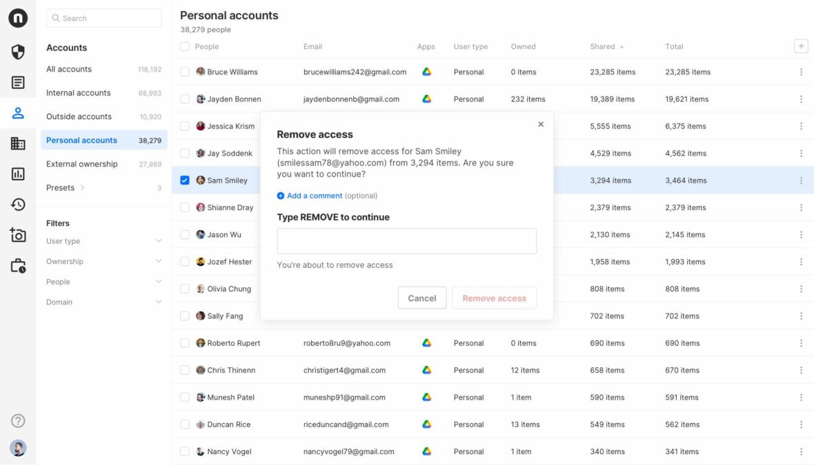 A view of the Personal accounts section of Nira. Here we are showing how to remove access for a particular account, in this case a personal account which has access to company-owned documents.