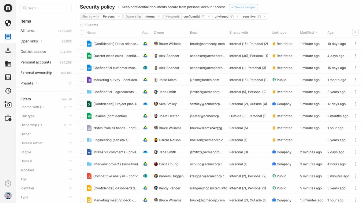 A view of customizing a Security Policy to better suit a company's specific needs. Here we are keeping confidential documents secure from personal account access.