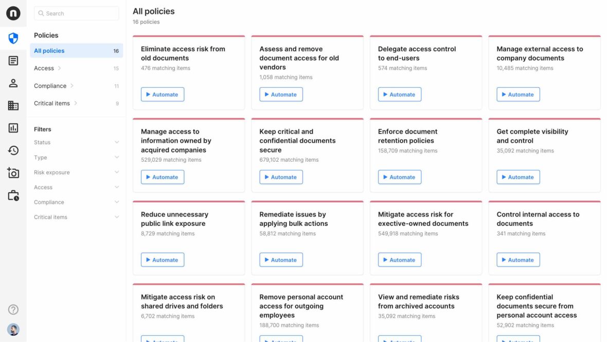 A view of all Security Policies in Nira. Here, common criteria are used to highlight risks and easily automate fixes for both current and future issues.