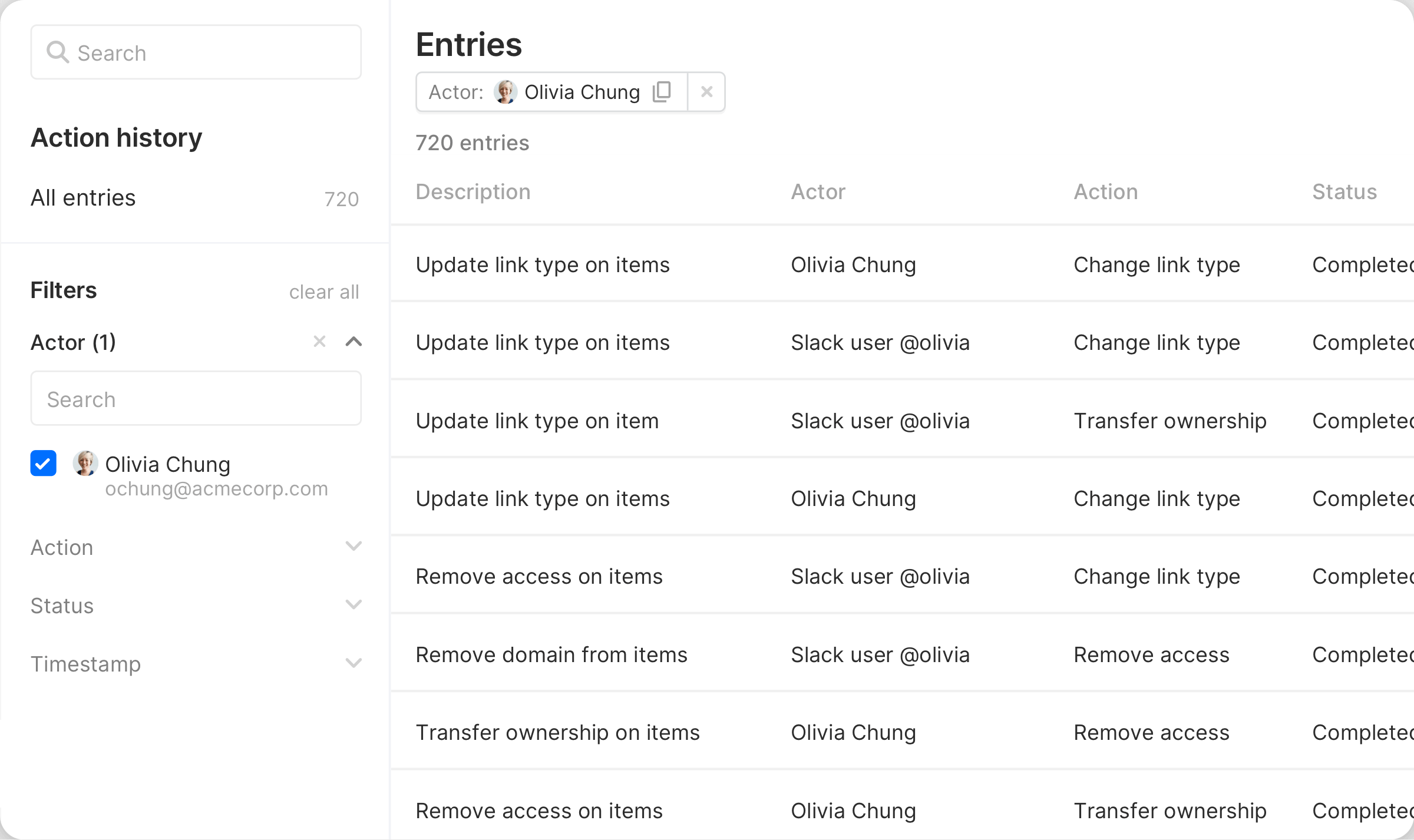Filtered view of the Action History for a specific account.