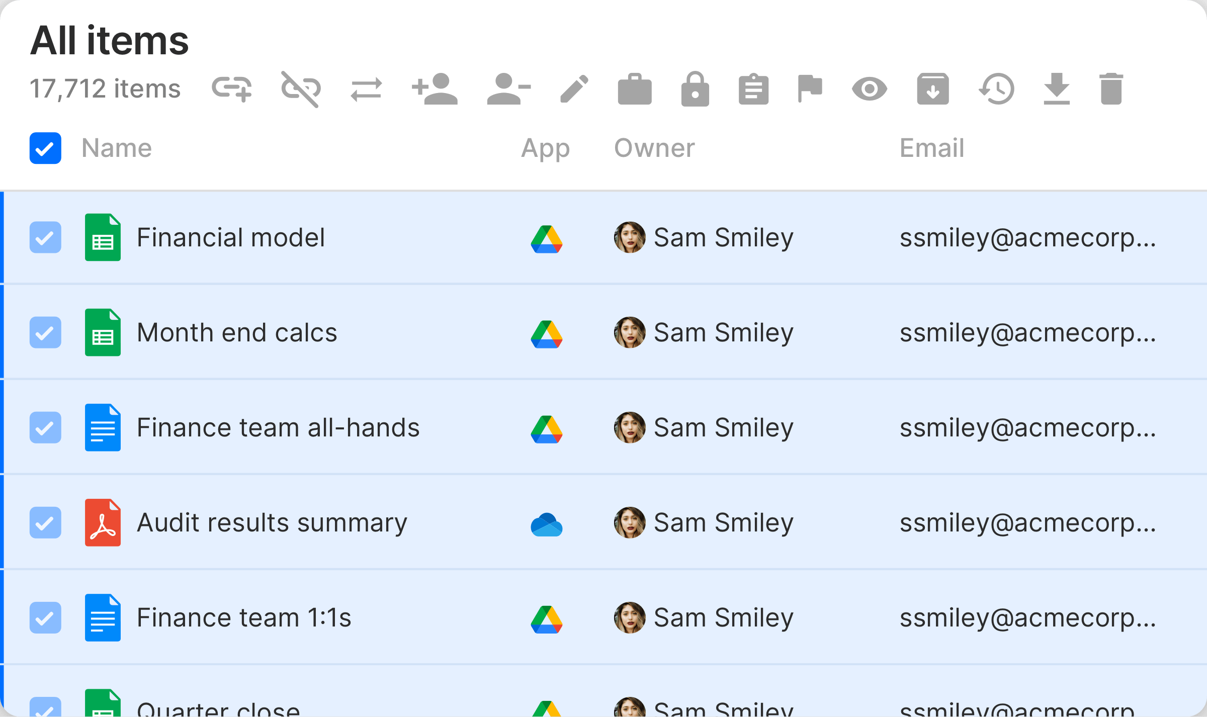 A view of the Nira dashboard showing how to easily make bulk changes to all of your company's items.