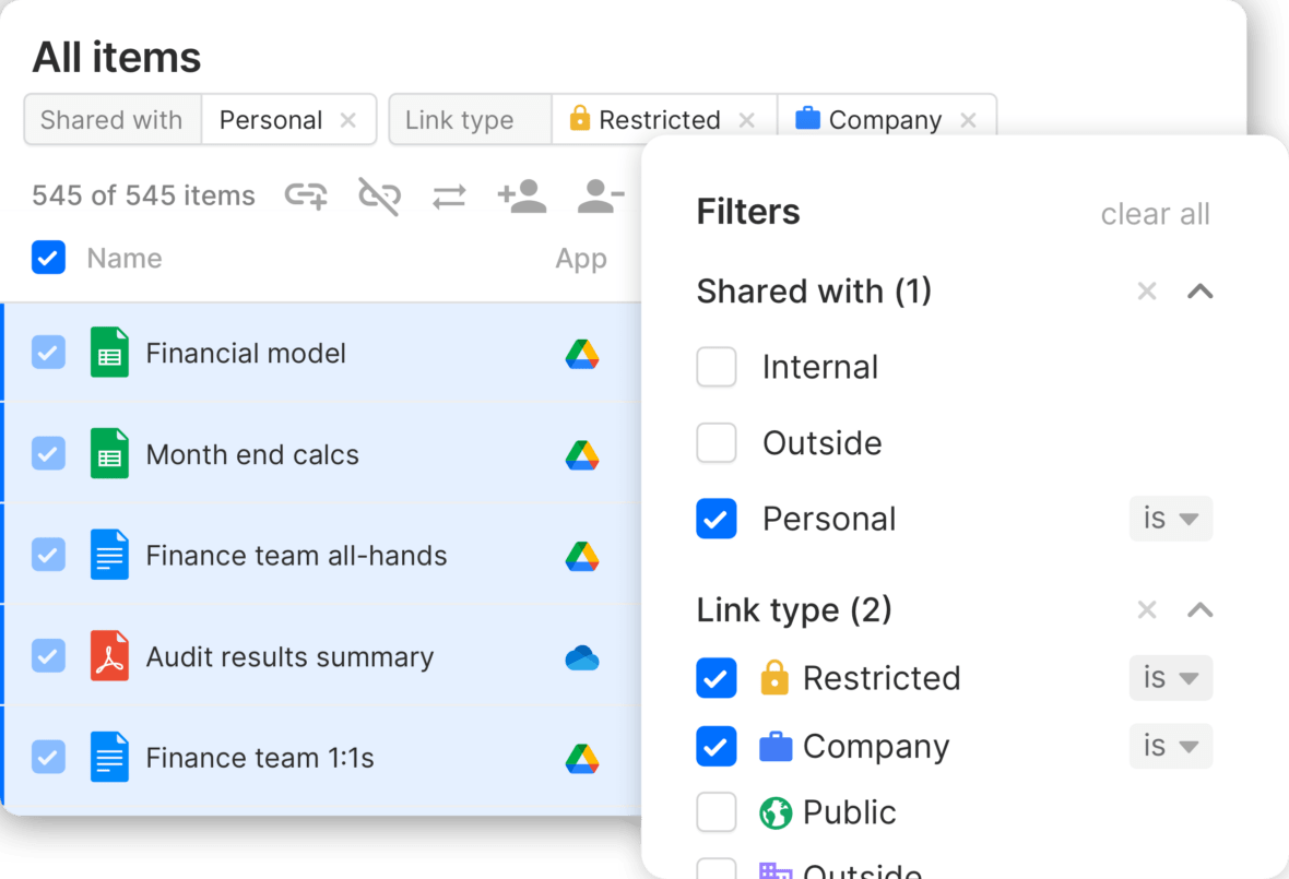 A view of the Nira dashboard and the related filters that can be quickly toggled to show specific items and their sharing permissions.