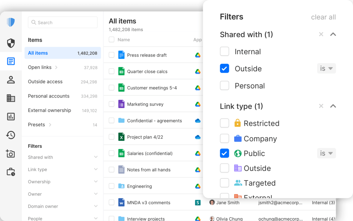 A view of the Nira dashboard showing all documents and items owned or shared with your company. Filters in the sidebar are highlighted to show how to filter results based on many different options.