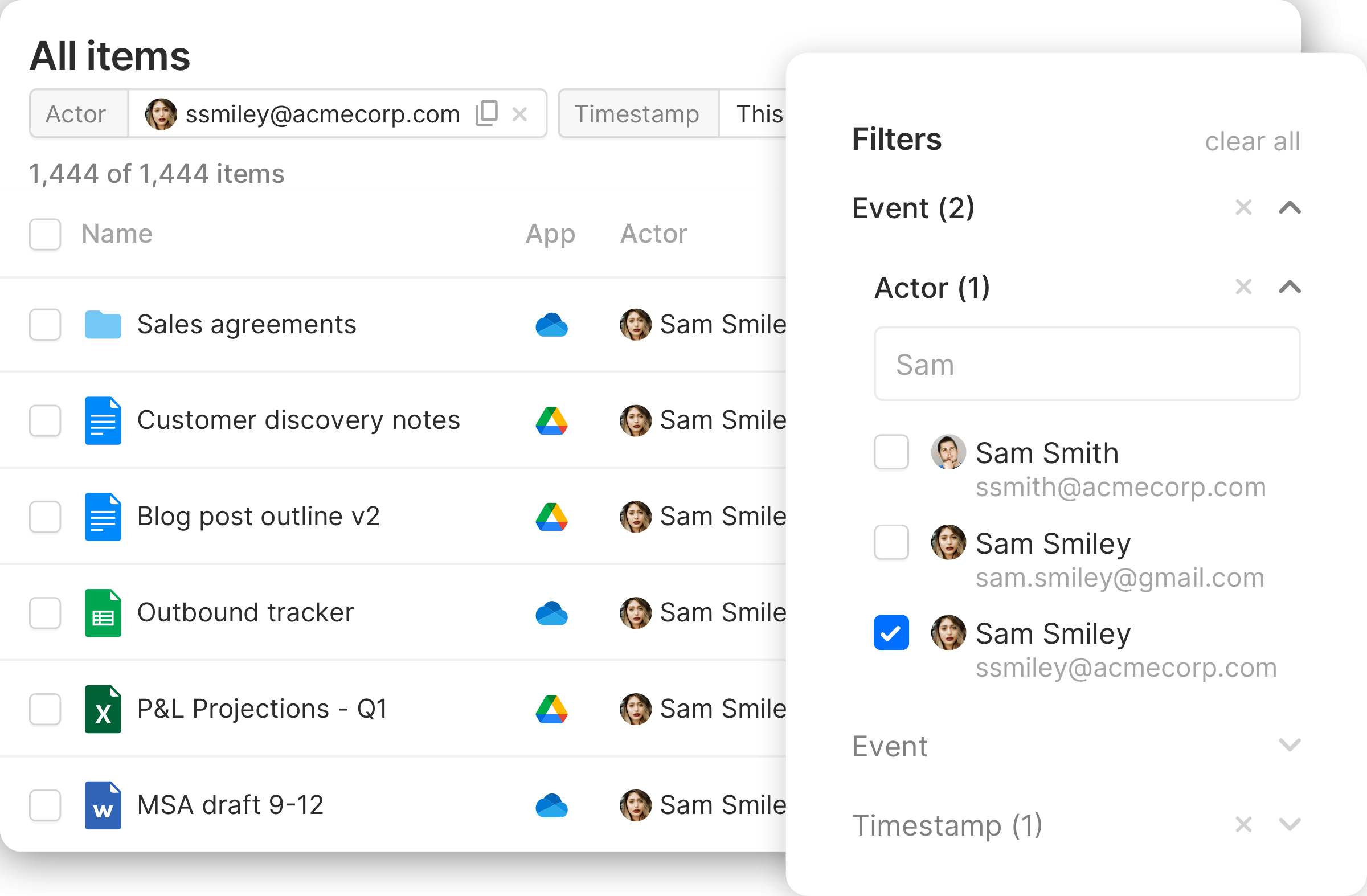 An example of filtering the item history area to identify events that a specific actor did.