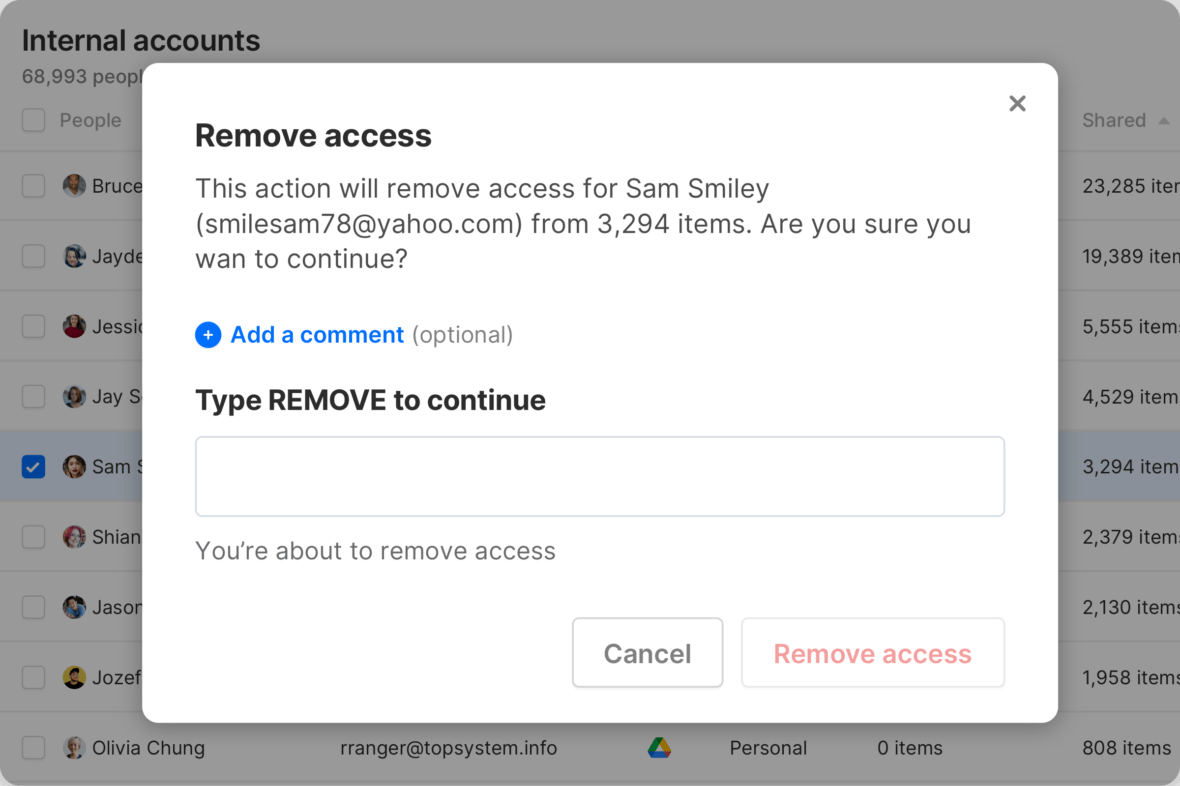 An example dialogue for removing a specific account from every document it has access to.