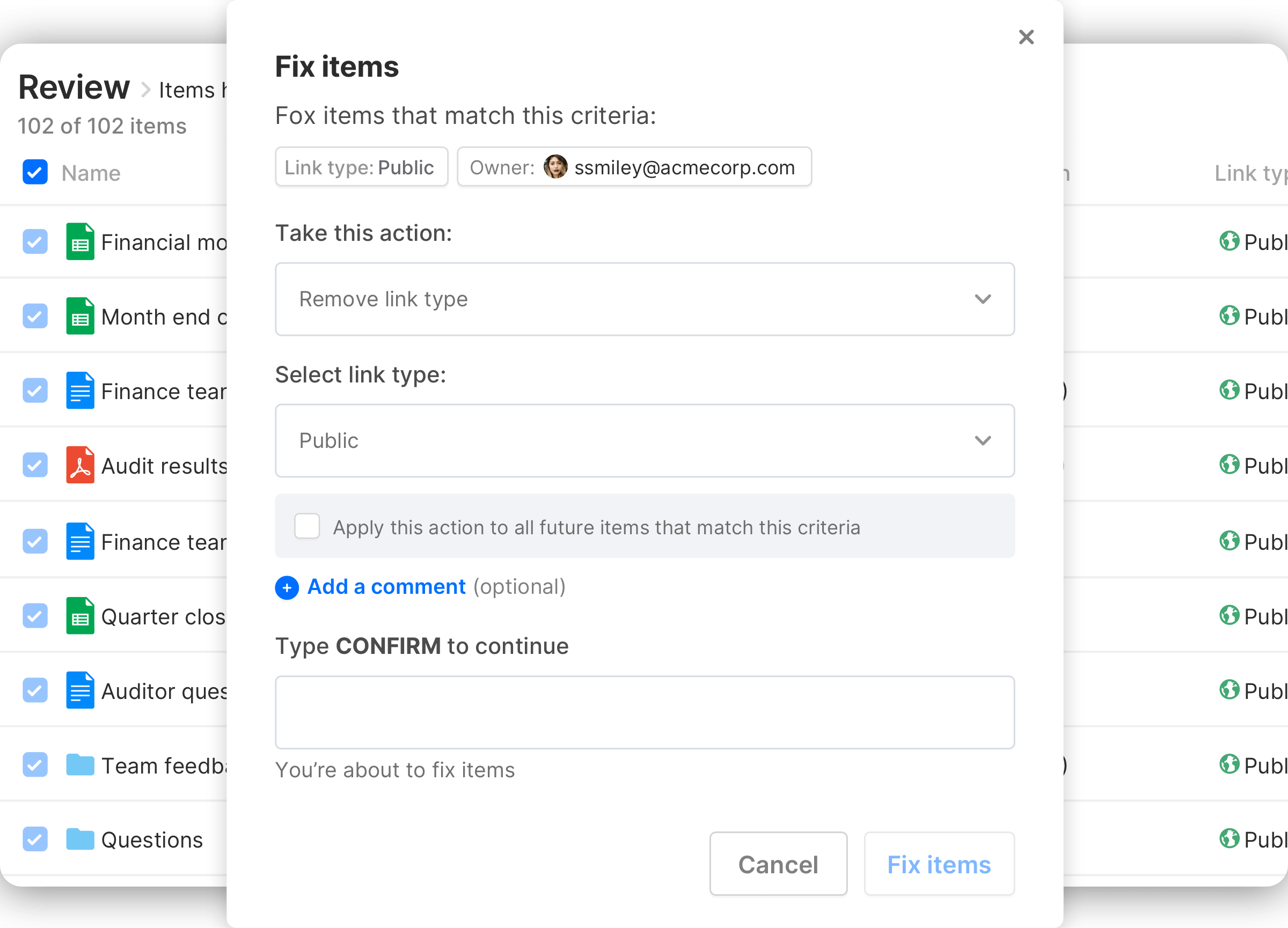 A view of the Nira dashboard reviewing items that have been flagged to be fixed. Here we are removing all Public links for a particular document owner.