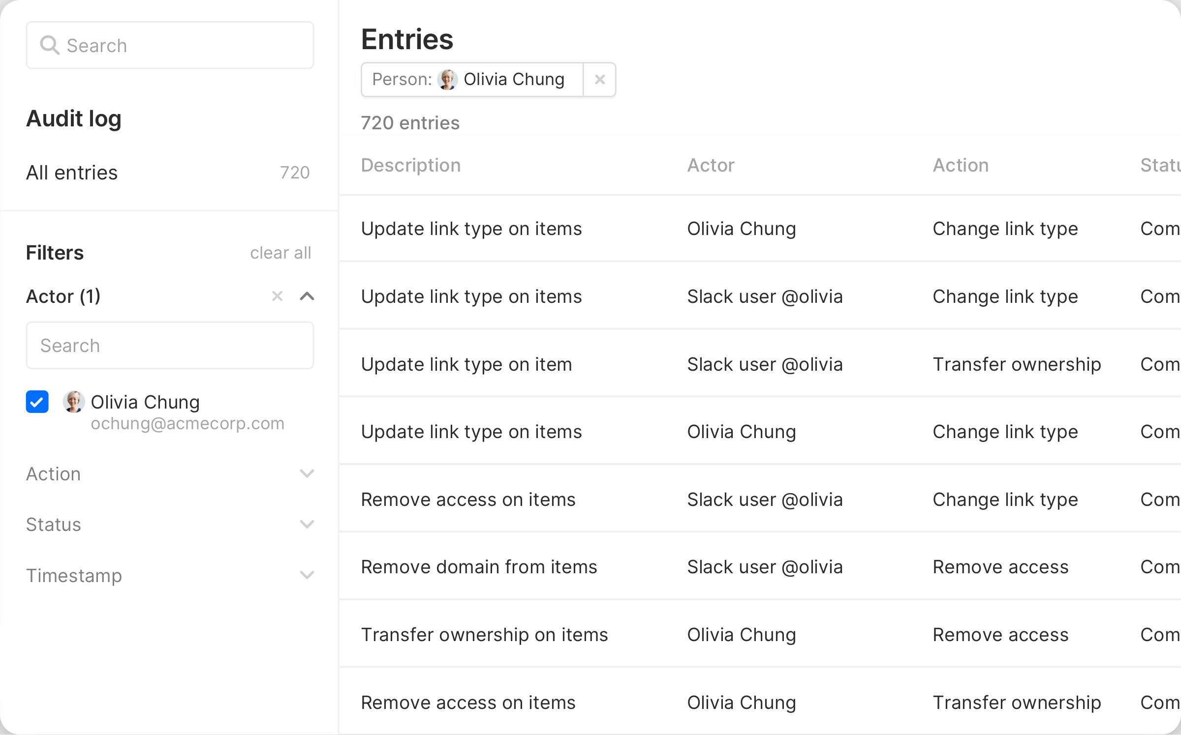 A view of the Nira dashboard showing the Action History of a particular employee.
