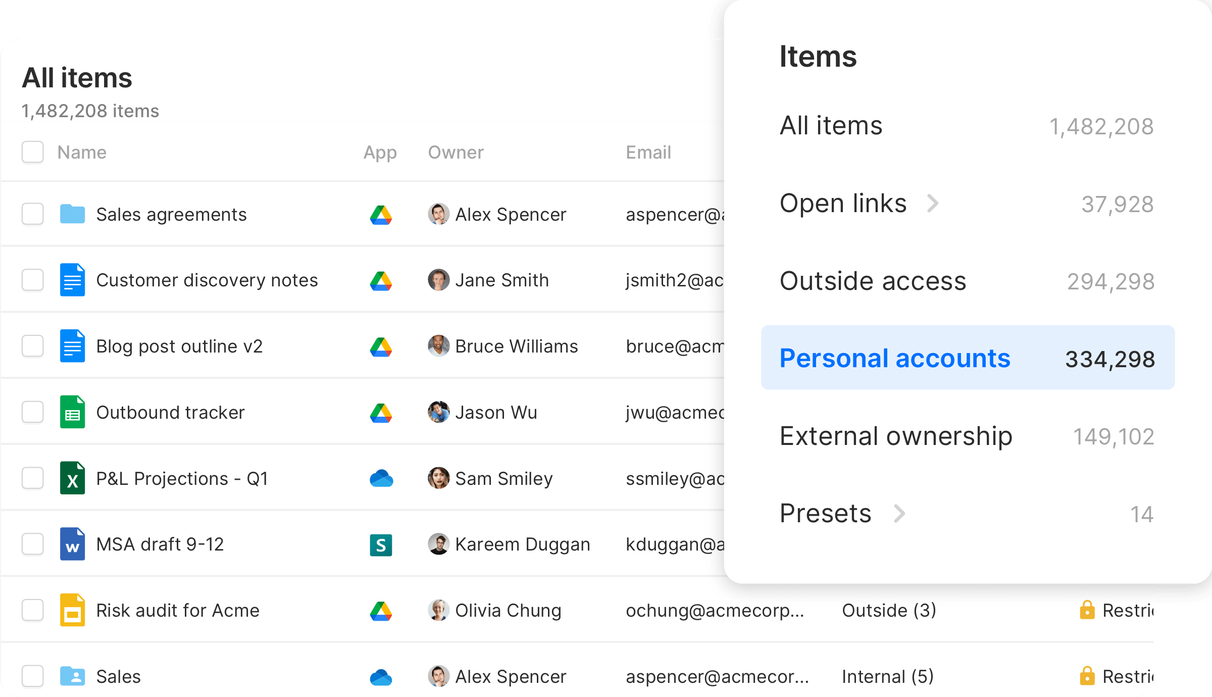 A view of the Nira dashboard showing all documents and items owned or shared with your company, with a look at the out-of-the-box preset filters.