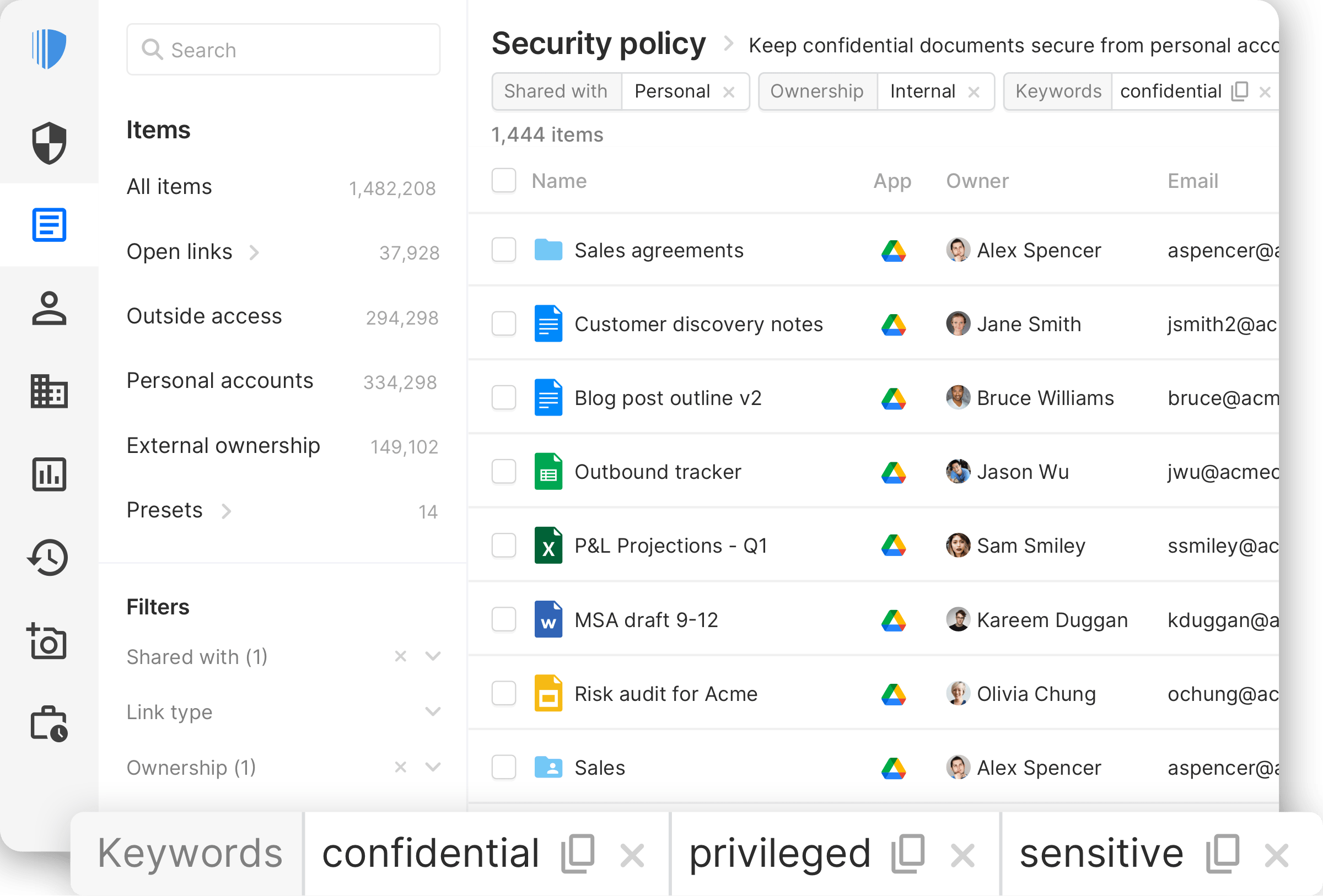A view of customizing a Security Policy to better suit a company's specific needs. Here we are keeping confidential documents secure from personal account access.