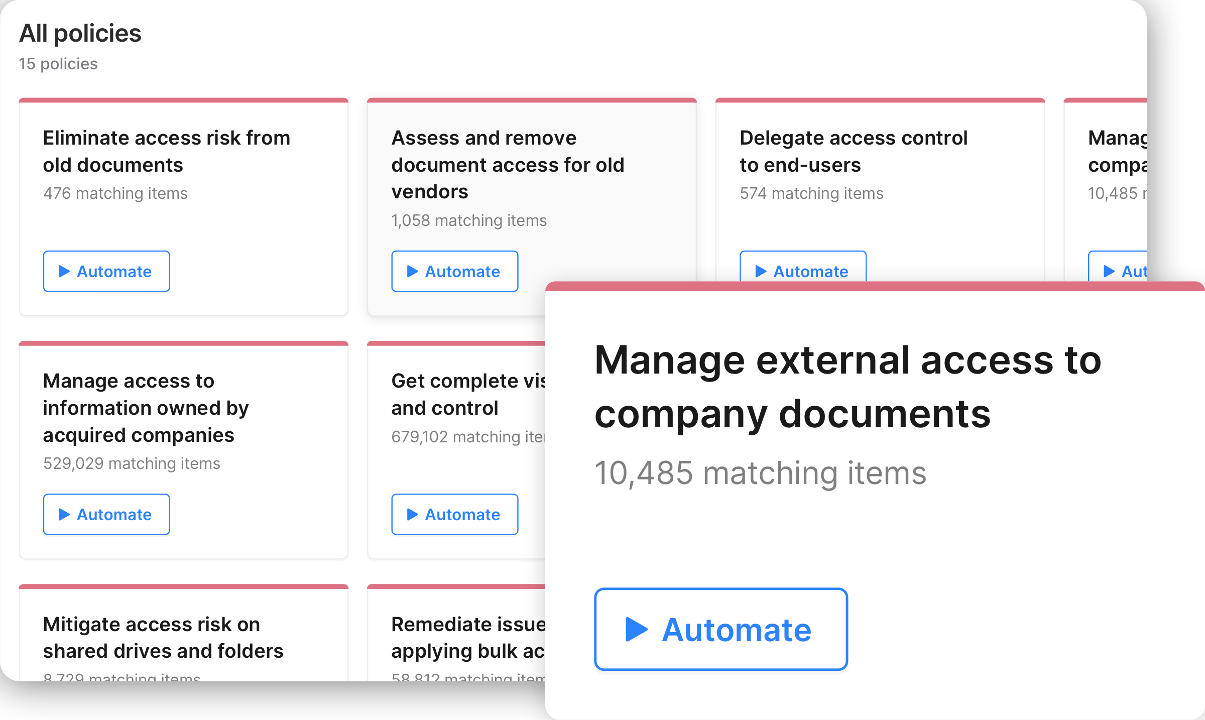 A view of all Security Policies in Nira. Here, common criteria are used to highlight risks and easily automate fixes for both current and future issues.