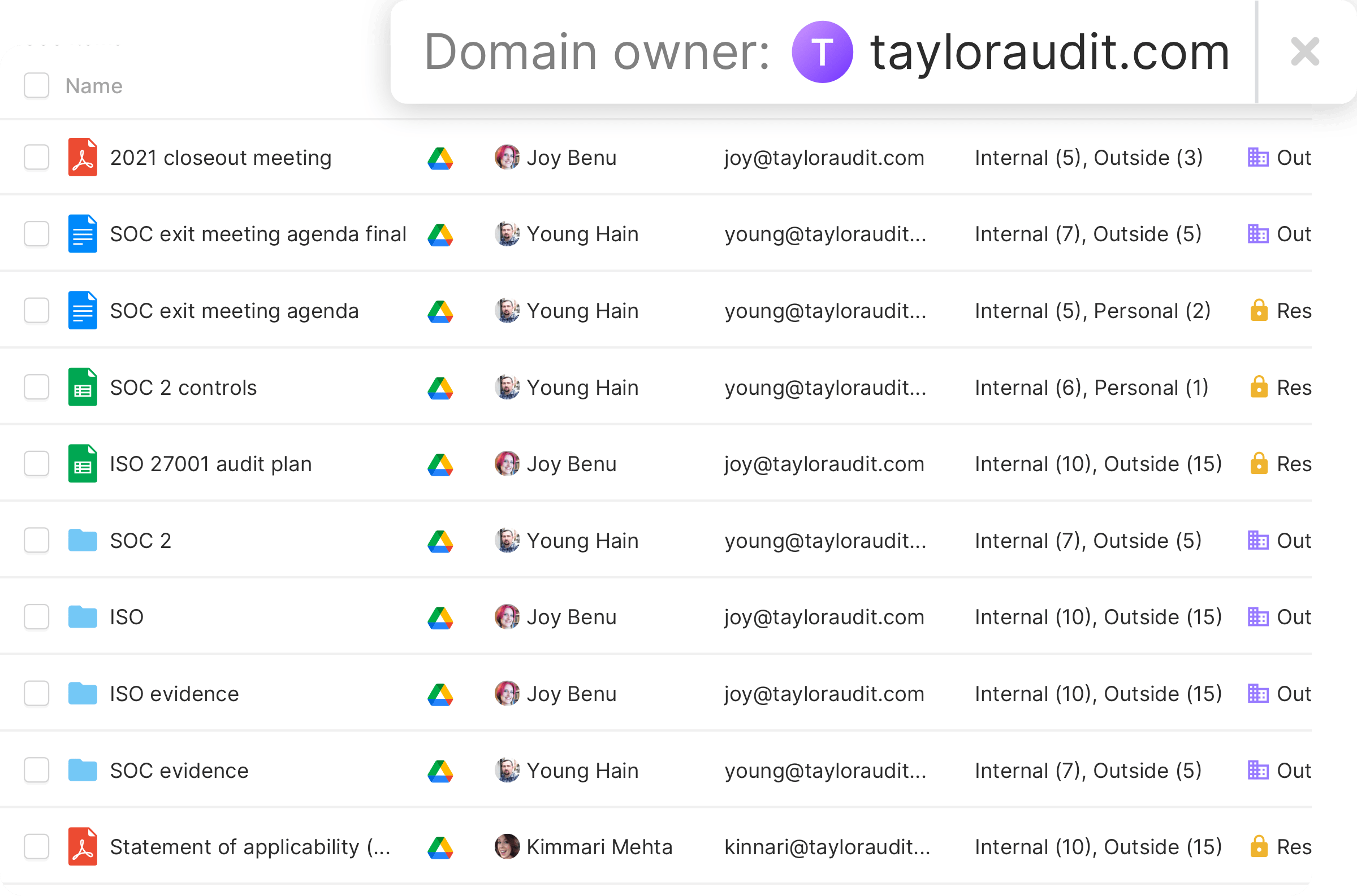 A view of the Nira dashboard showing all items belonging to a particular domain.