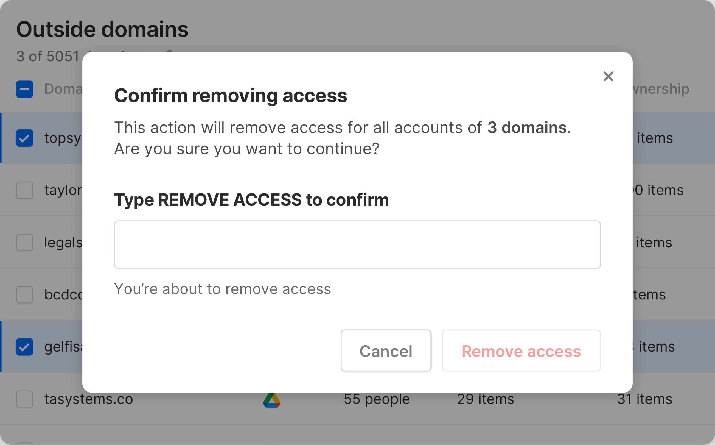 A view of the Nira dashboard showing how to remove access for all accounts for multiple domains at once.