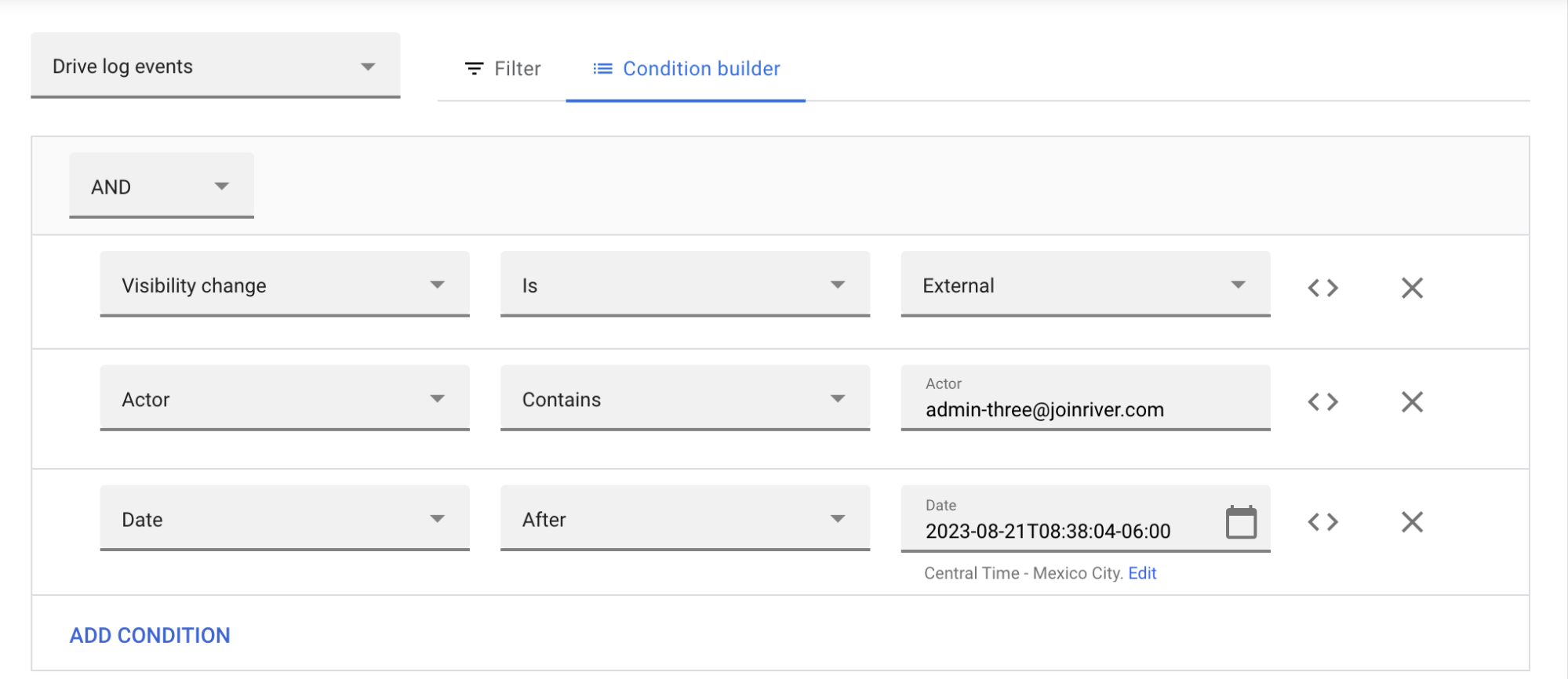 An example of the condition builder in the Google Workspace Security Investigation Tool
