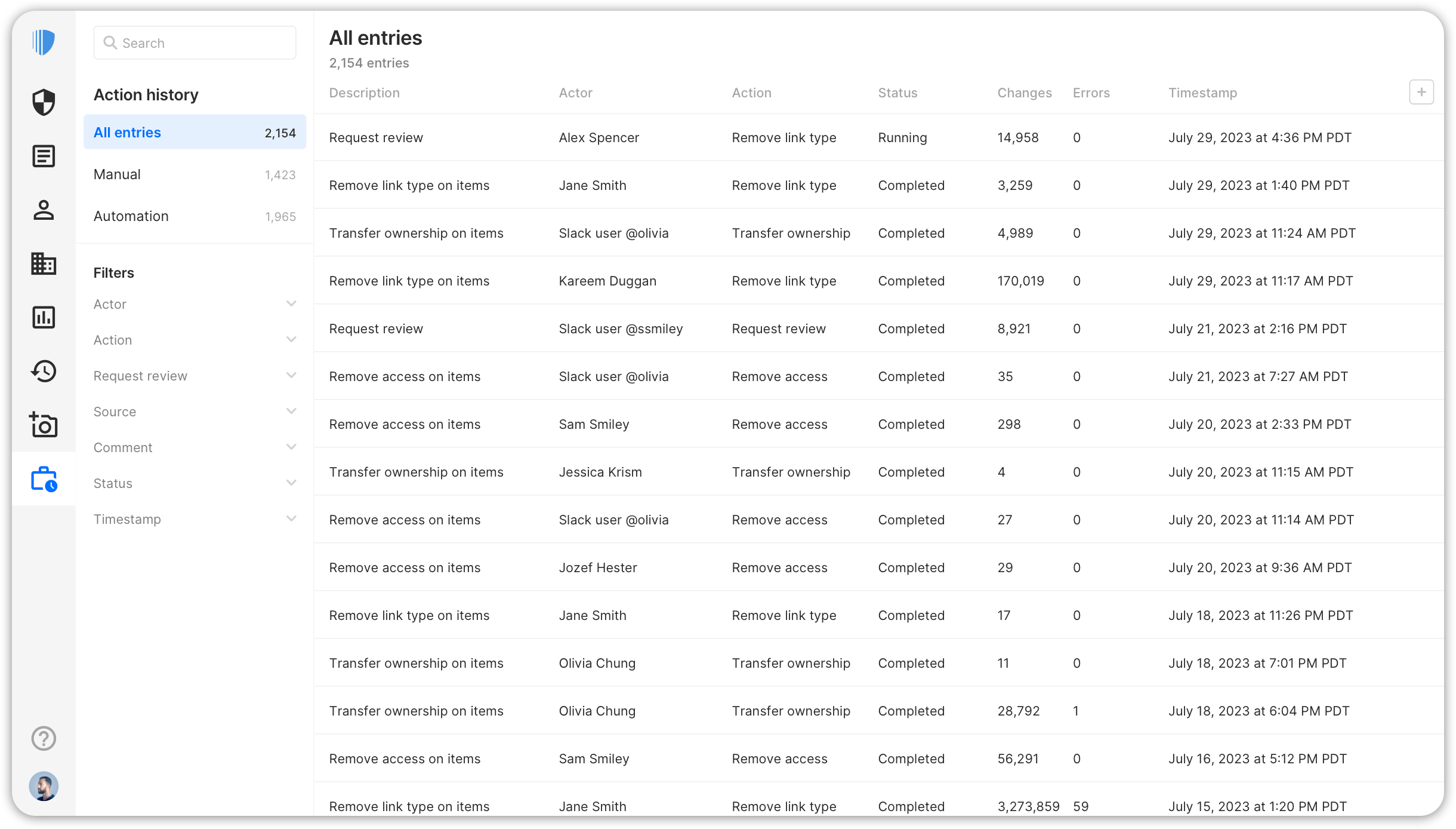 A view of the Action History screen showing all entries.