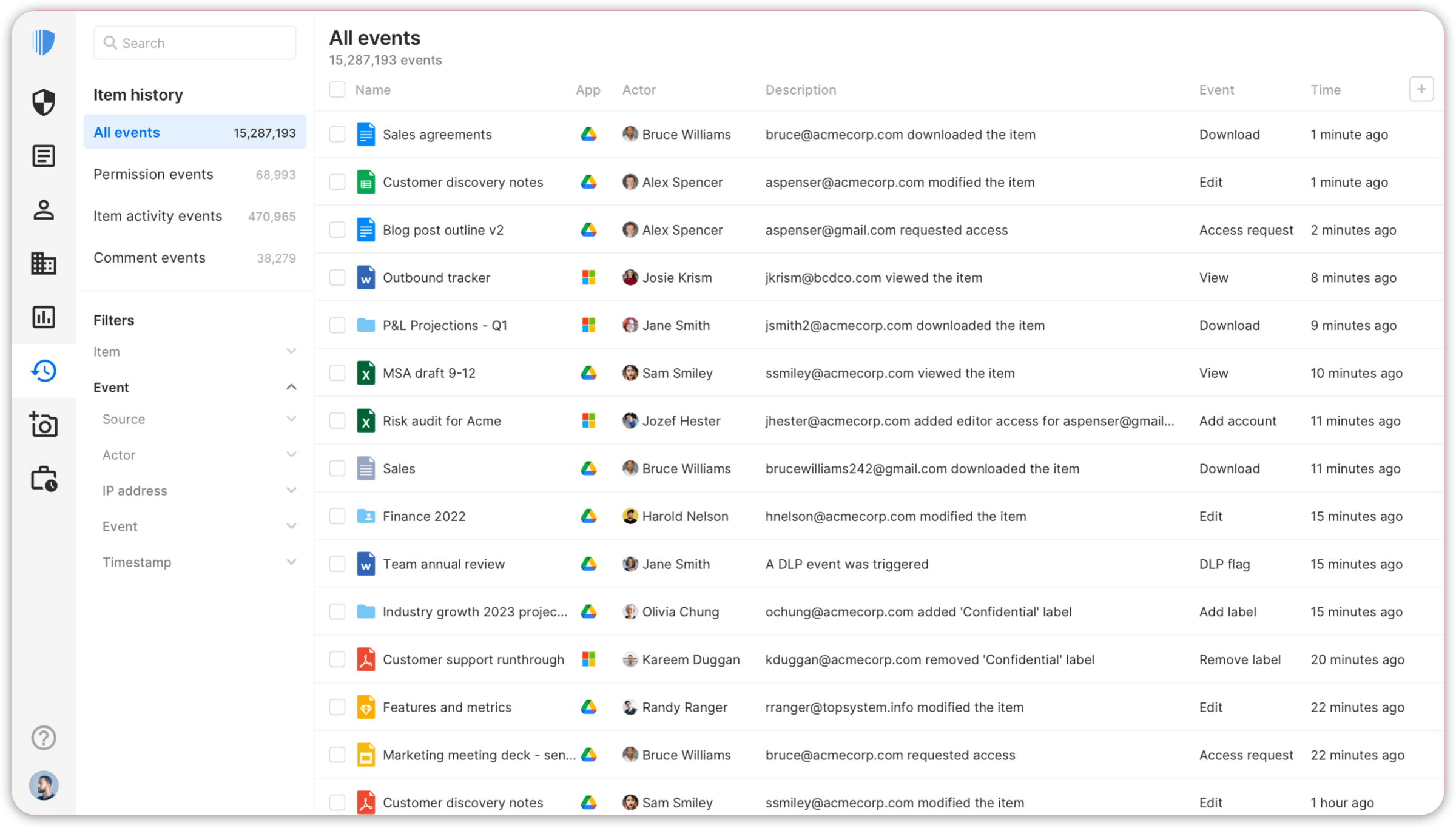 A view of the Item History screen showing all Events.